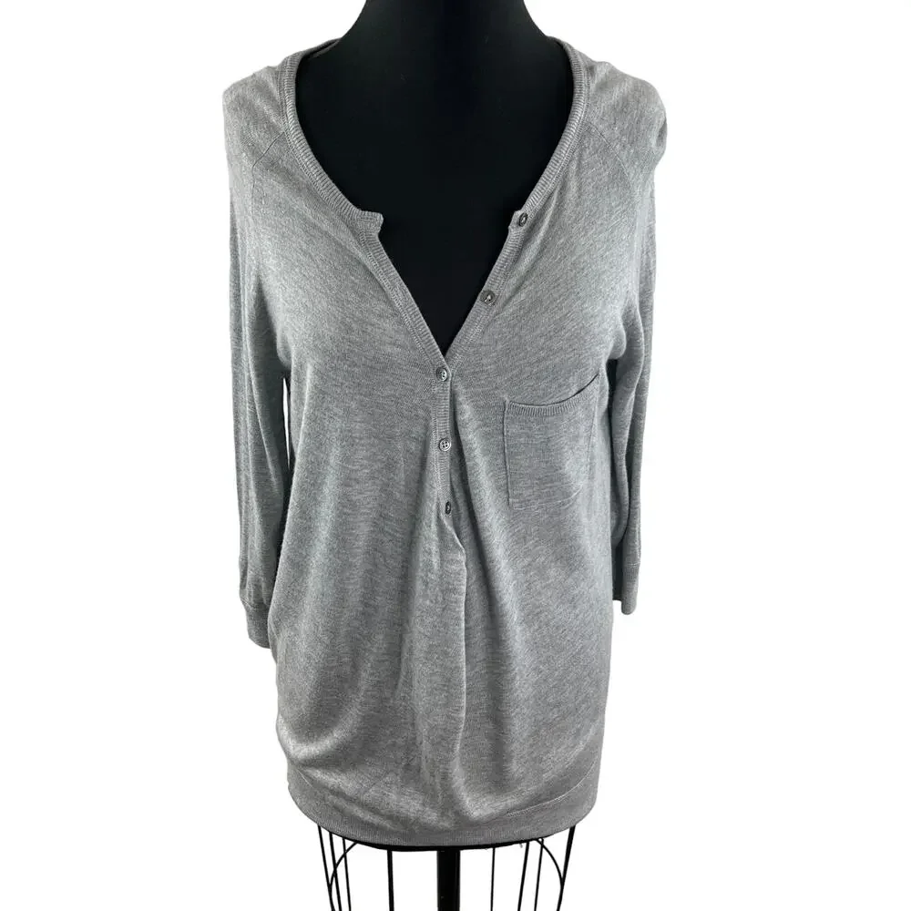 VINCE Gray Cashmere Blend Partial Button-Down 3/4 Sleeve Pullover Sweater Sz M